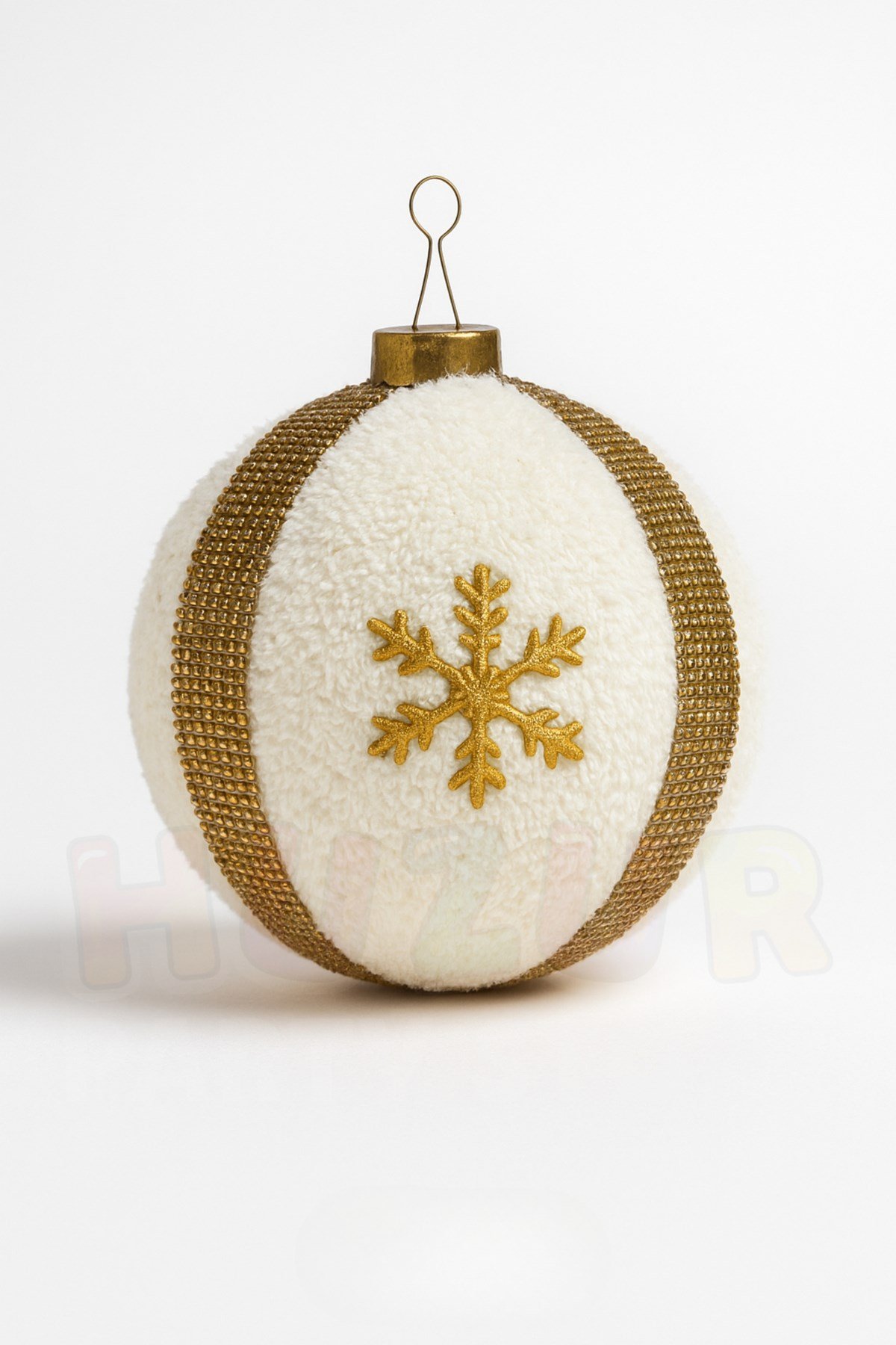 15 Cm Peluş Top Işıltılı Gold Şeritli Yılbaşı Ağaç Süsü Kar Tanesi Desenli Büyük Çam Ağacı Süs