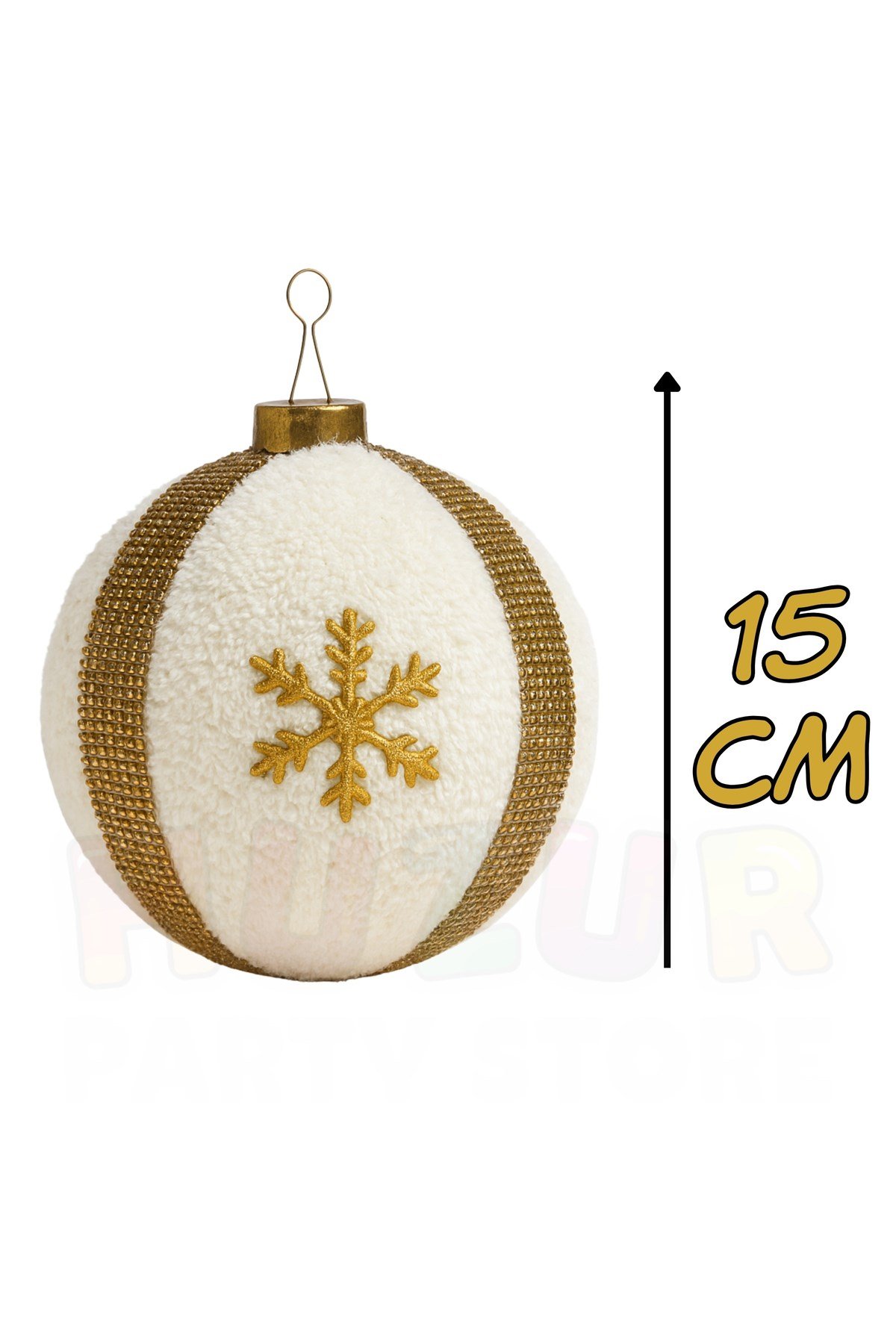 15 Cm Peluş Top Işıltılı Gold Şeritli Yılbaşı Ağaç Süsü Kar Tanesi Desenli Büyük Çam Ağacı Süs