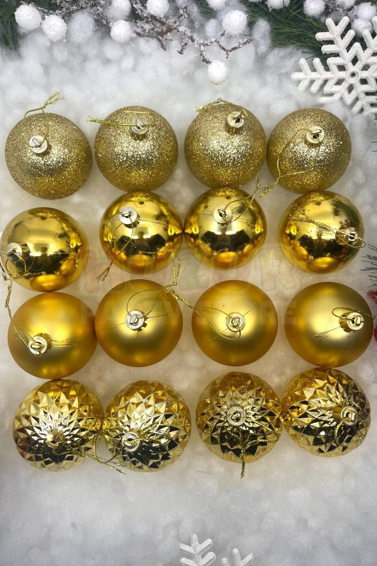 16lı Gold Rengi Cici Top 6 Cm Simli Mat Parlak Kabartmalı Altın Sarısı Yılbaşı Çam Ağacı Süsü