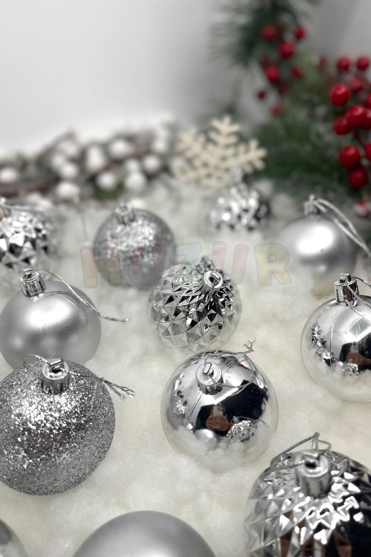 16lı Gümüş Rengi Cici Top 6 Cm Simli Mat Parlak Kabartmalı Gri Silver Yılbaşı Çam Ağacı Süs