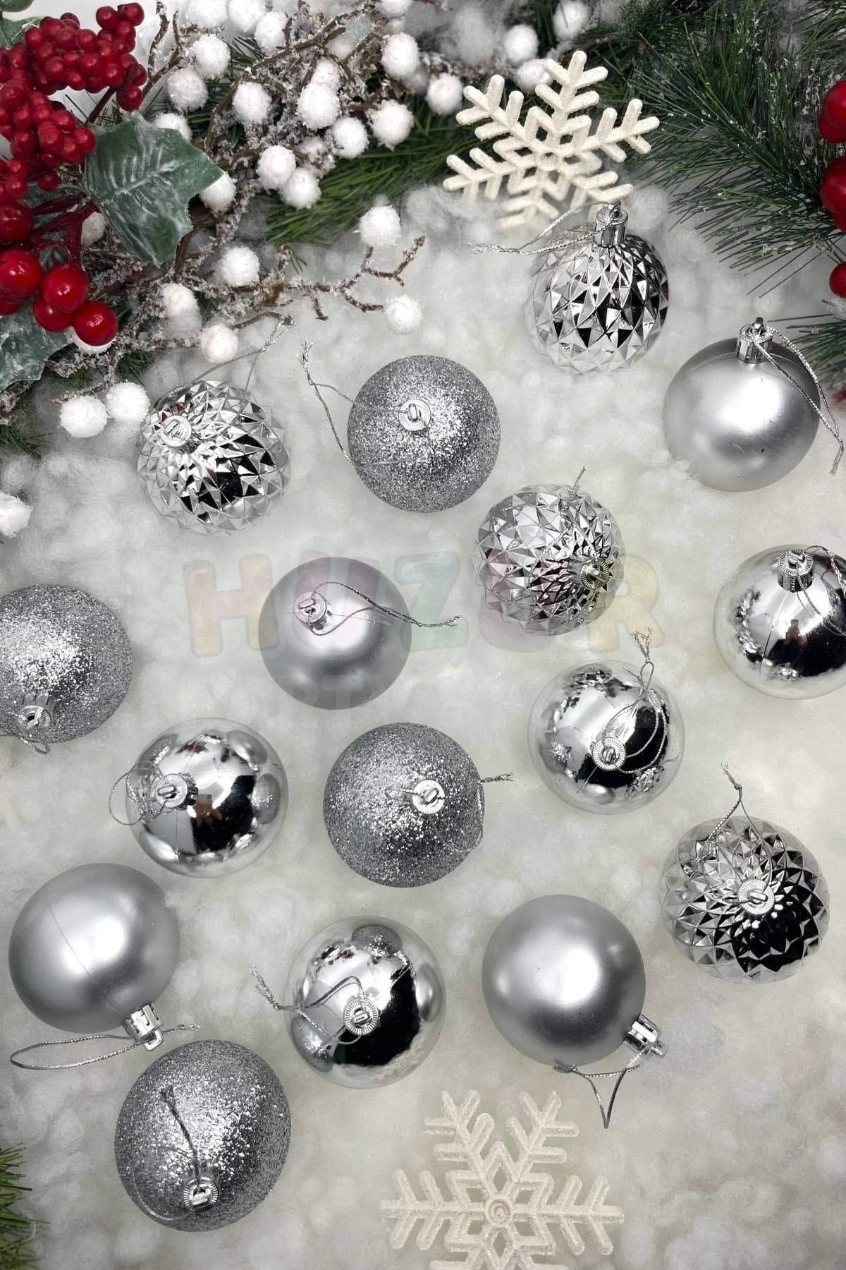 16lı Gümüş Rengi Cici Top 6 Cm Simli Mat Parlak Kabartmalı Gri Silver Yılbaşı Çam Ağacı Süs