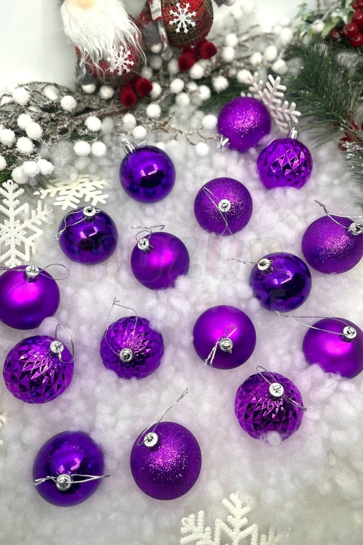 16lı Mor Renkli Cici Top 6 Cm Simli Mat Parlak Kabartmalı Yılbaşı Yeni Yıl Çam Ağacı Kutulu Süs