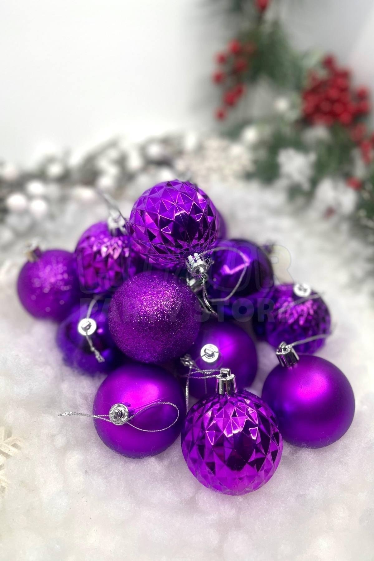 16lı Mor Renkli Cici Top 6 Cm Simli Mat Parlak Kabartmalı Yılbaşı Yeni Yıl Çam Ağacı Kutulu Süs