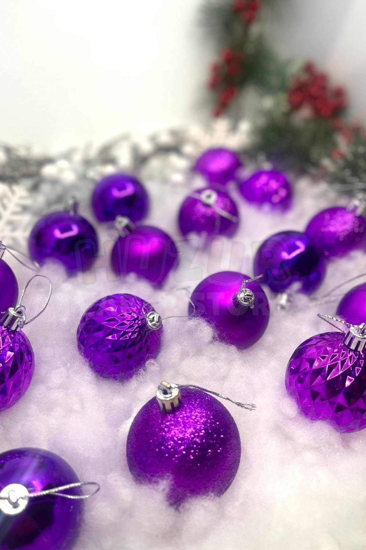 16lı Mor Renkli Cici Top 6 Cm Simli Mat Parlak Kabartmalı Yılbaşı Yeni Yıl Çam Ağacı Kutulu Süs