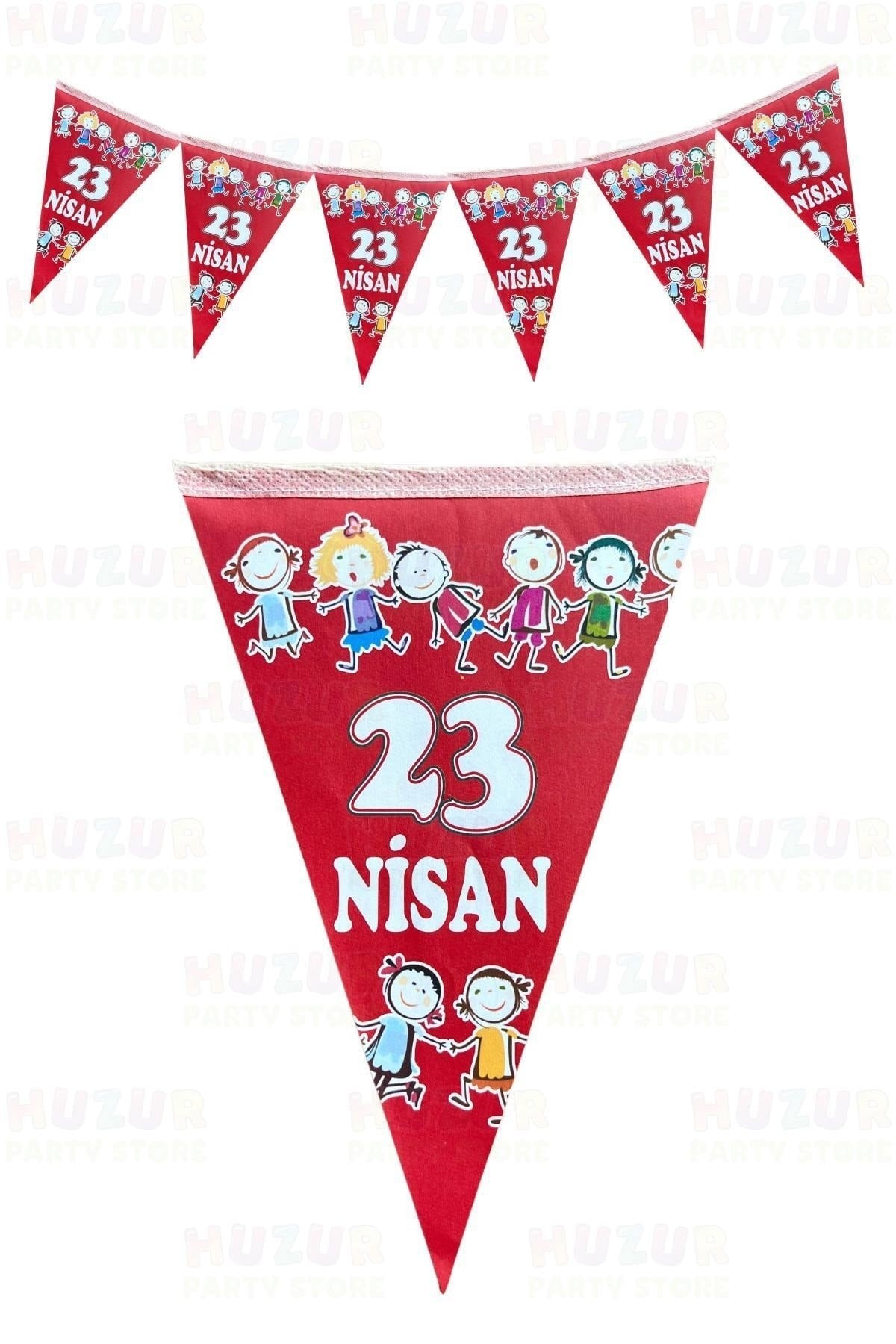 23 Nisan El Ele Çocuklar Üçgen Bayrak Kırmızı Flama 10 Bayraklı 160 Cm 15x23 Cm Milli Bayram Süsü