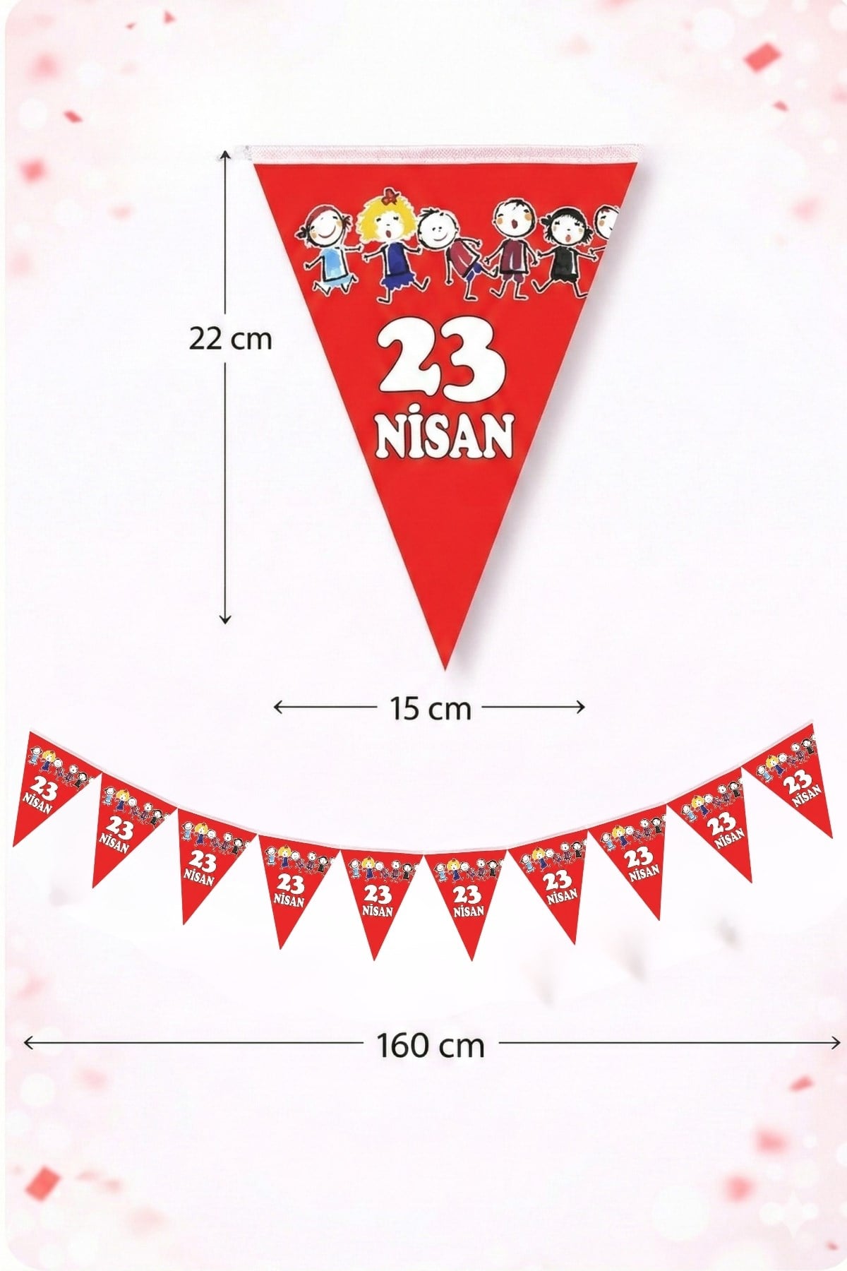 23 Nisan El Ele Çocuklar Üçgen Bayrak Kırmızı Flama 10 Bayraklı 160 Cm 15x23 Cm Milli Bayram Süsü