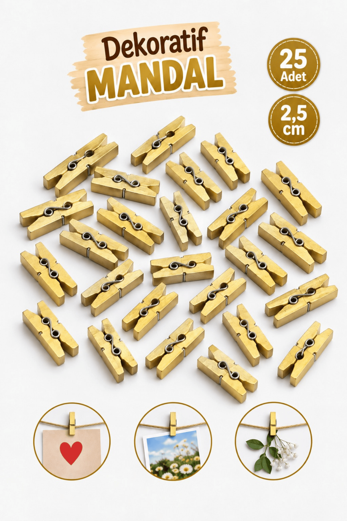 25 Adet Altın Renkli Ahşap Gold Minik Mandal Fotoğraf Asmalık Dekoratif Süsleme Mini Mandal
