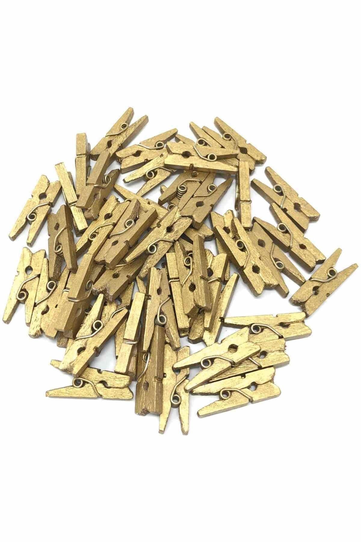 25 Adet Altın Renkli Ahşap Gold Minik Mandal Fotoğraf Asmalık Dekoratif Süsleme Mini Mandal