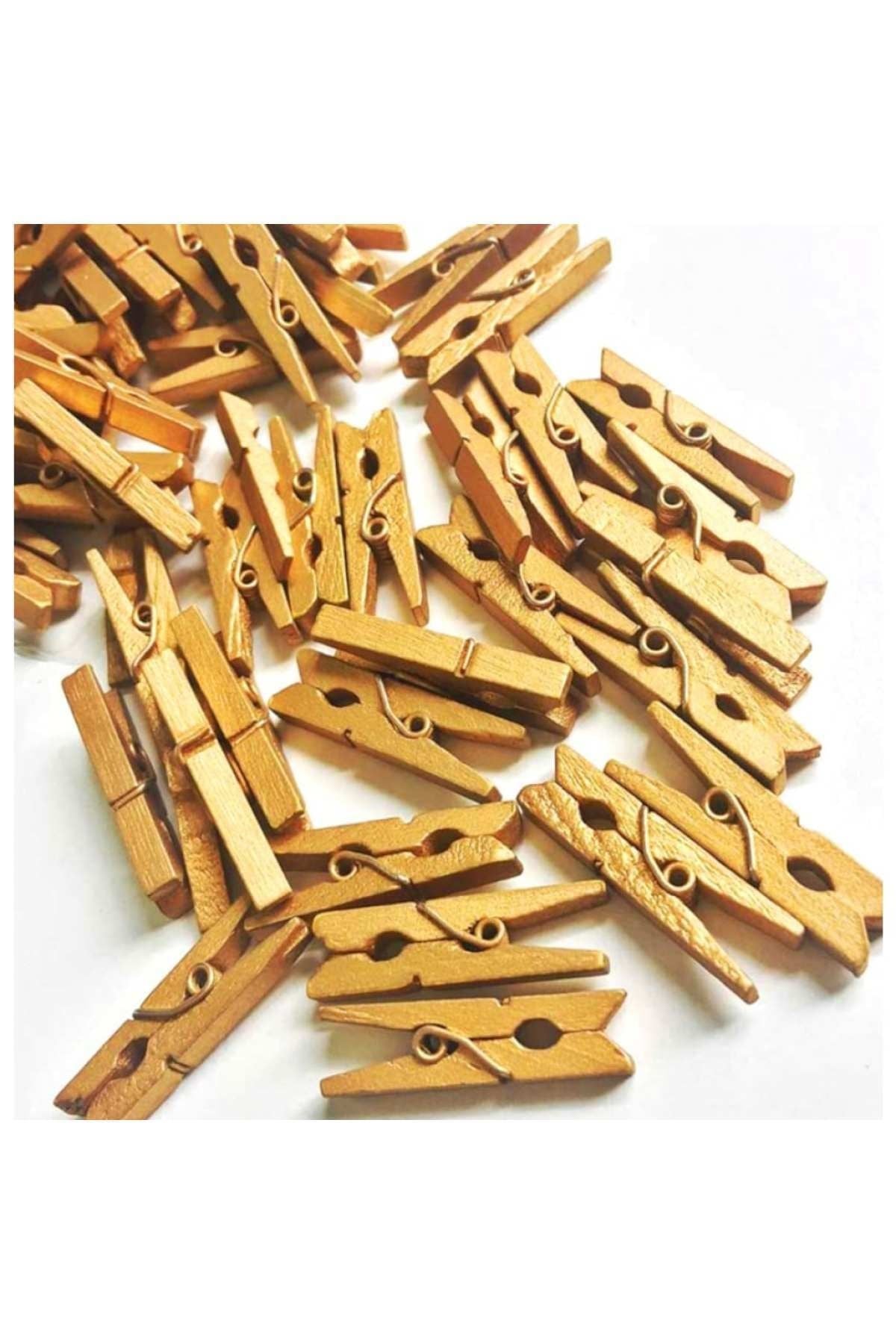 25 Adet Altın Renkli Ahşap Gold Minik Mandal Fotoğraf Asmalık Dekoratif Süsleme Mini Mandal