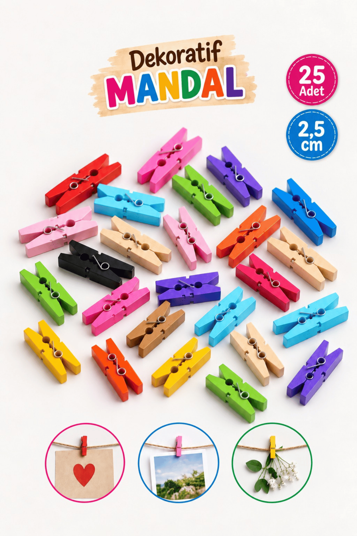 25 Adet Karışık Renk Ahşap Minik Renkli Mandal Fotoğraf Asmalık Dekoratif Kağıt Tutucu Mini Mandal