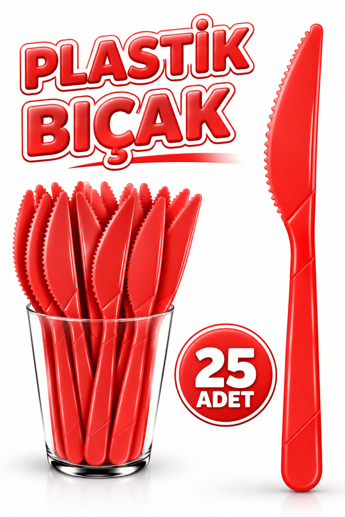 25 Adet Kırmızı Renkli Bıçak Sert Dayanaklı Plastik Lüks Kullan At Doğum Günü Parti Sunum Bıçağı