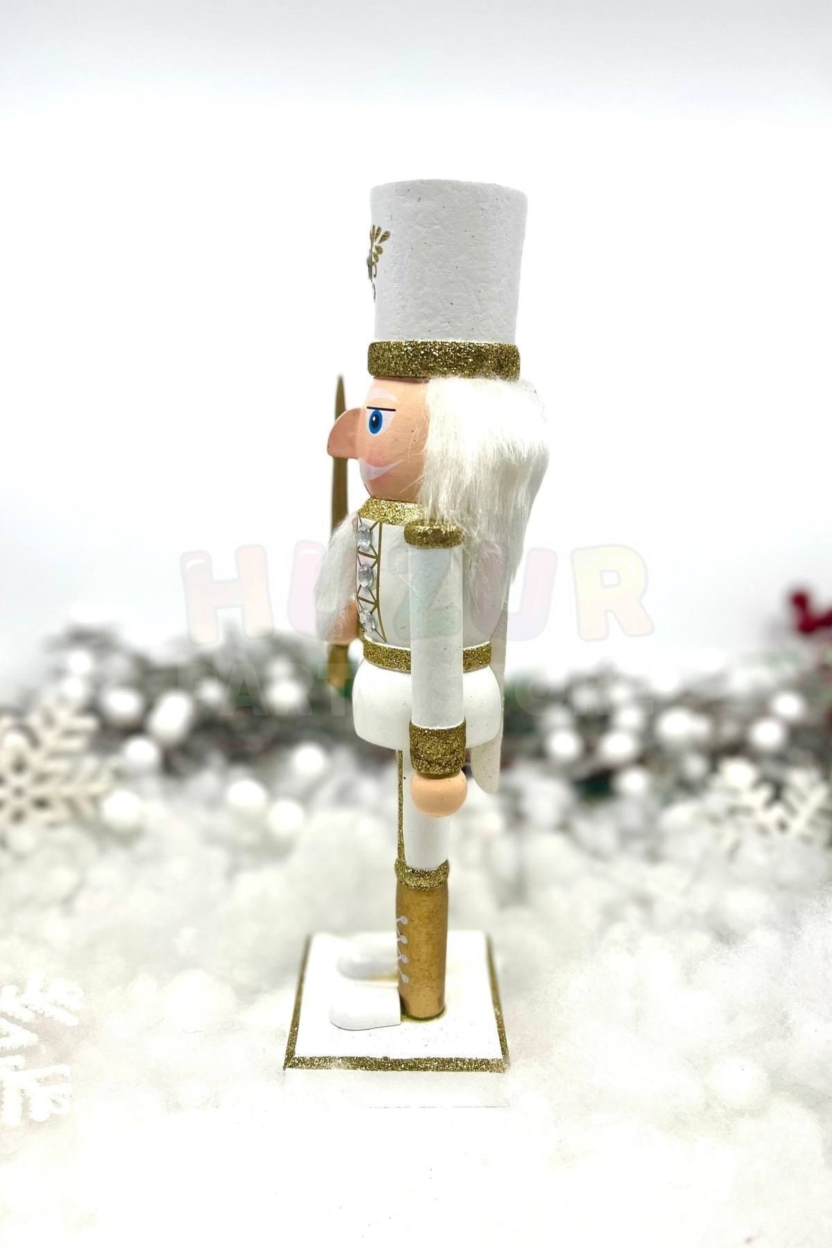 25 Cm Kılıçlı Fındıkkıran Gold Beyaz Renkli Kurşun Asker Simli Nutcracker Yılbaşı Yeni Yıl Dekoru