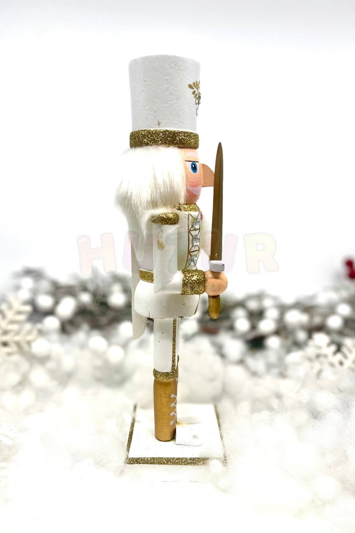 25 Cm Kılıçlı Fındıkkıran Gold Beyaz Renkli Kurşun Asker Simli Nutcracker Yılbaşı Yeni Yıl Dekoru