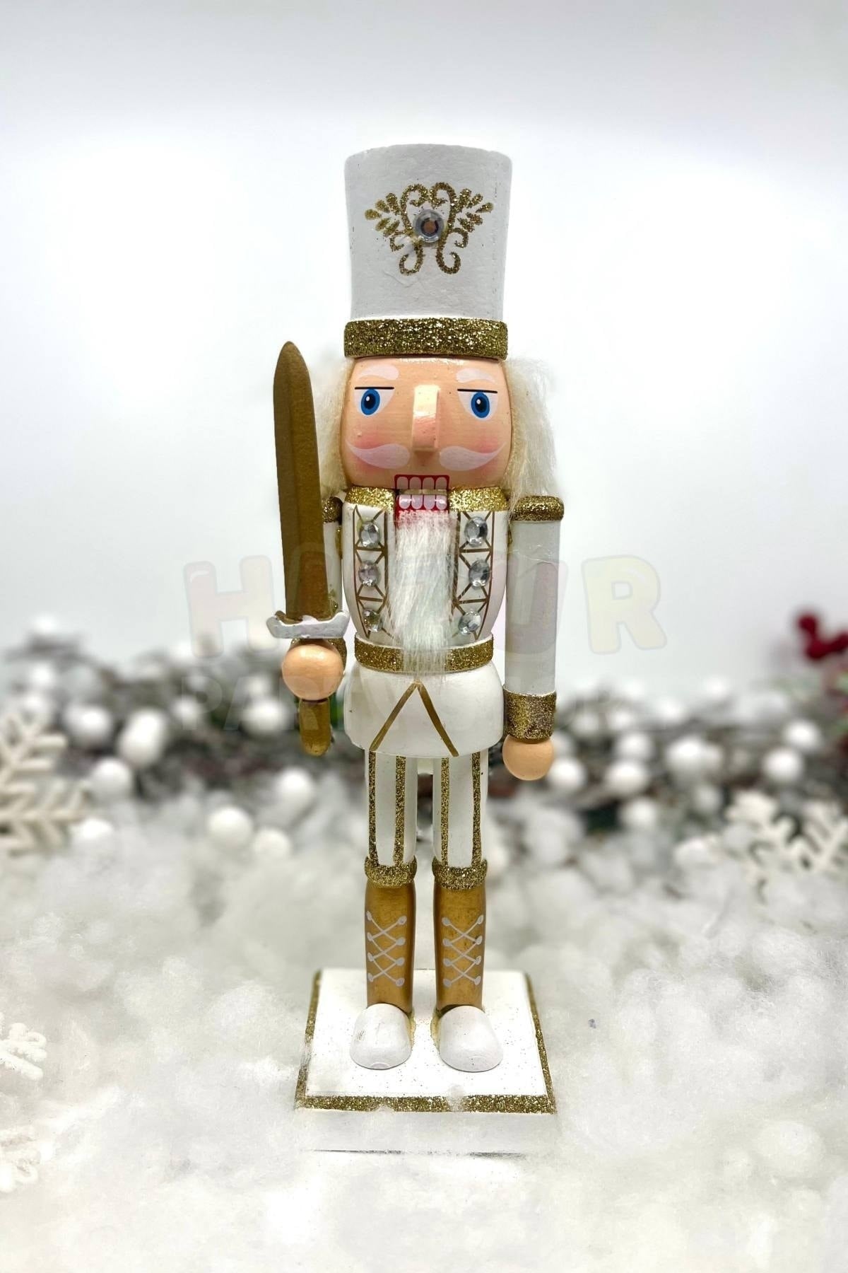 25 Cm Kılıçlı Fındıkkıran Gold Beyaz Renkli Kurşun Asker Simli Nutcracker Yılbaşı Yeni Yıl Dekoru