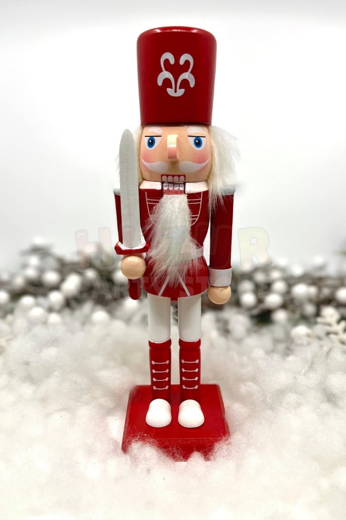 25 Cm Kılıçlı Fındıkkıran Kırmızı Beyaz Renkli Kurşun Asker Nutcracker Yılbaşı Yeni Yıl Dekoru