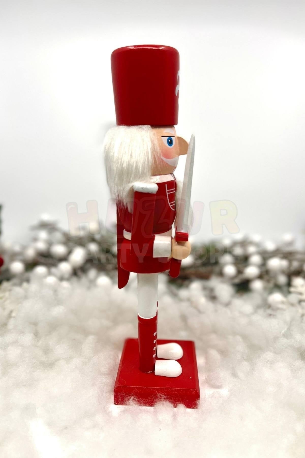 25 Cm Kılıçlı Fındıkkıran Kırmızı Beyaz Renkli Kurşun Asker Nutcracker Yılbaşı Yeni Yıl Dekoru