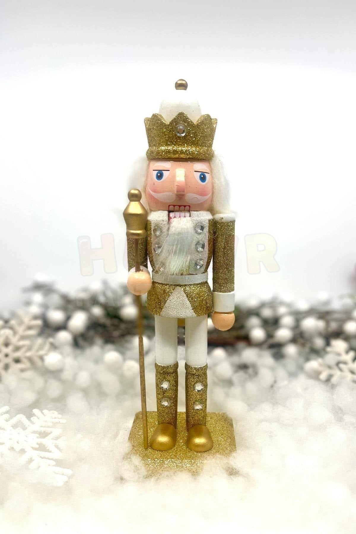 25 Cm Mızraklı Fındıkkıran Gold Beyaz Renkli Kurşun Asker Simli Nutcracker Yılbaşı Yeni Yıl Dekoru