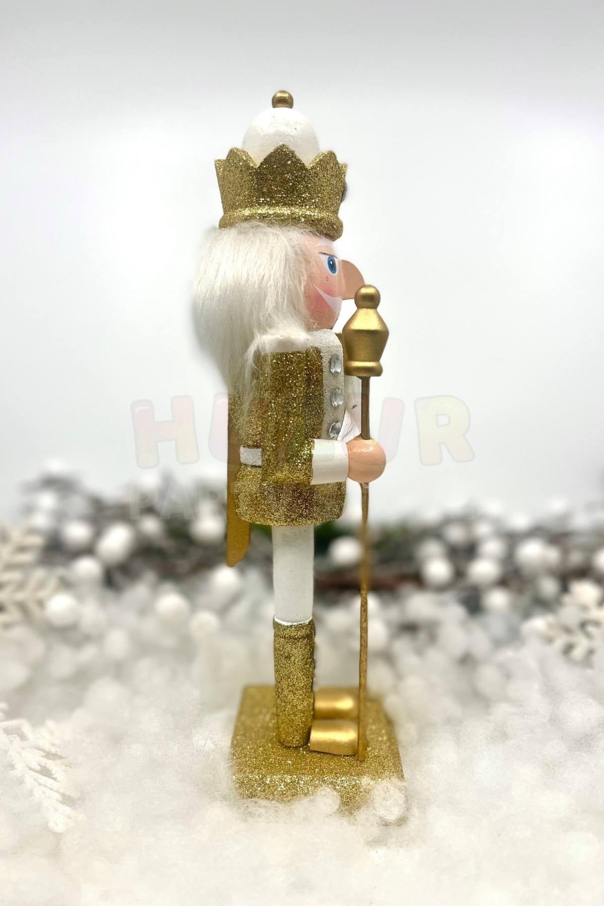 25 Cm Mızraklı Fındıkkıran Gold Beyaz Renkli Kurşun Asker Simli Nutcracker Yılbaşı Yeni Yıl Dekoru