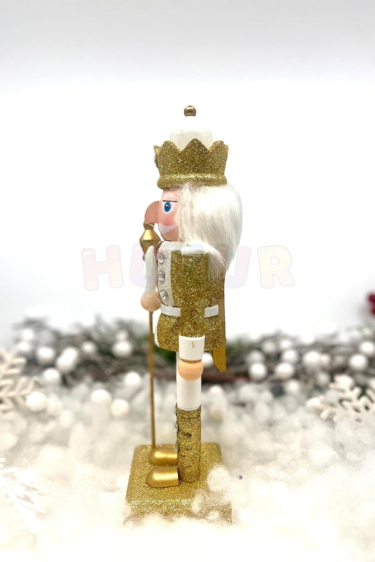 25 Cm Mızraklı Fındıkkıran Gold Beyaz Renkli Kurşun Asker Simli Nutcracker Yılbaşı Yeni Yıl Dekoru