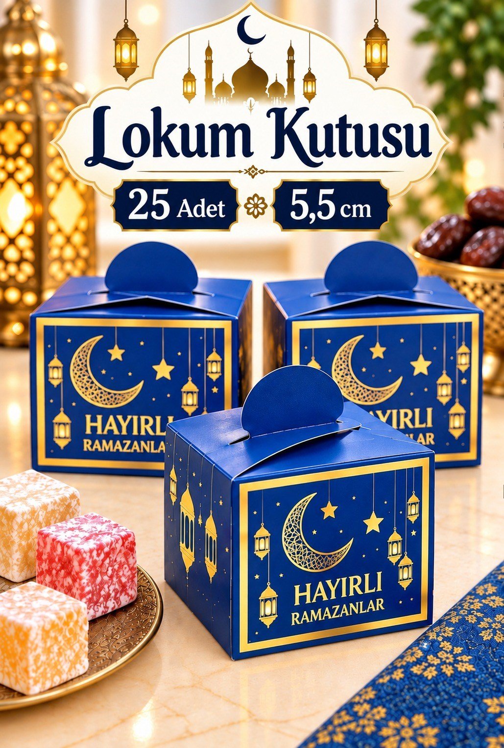 25 Li Ramazan Bayramı Küp Lokumluk 4.5x5.5 Cm Hayırlı Ramazanlar Baskılı Lacivert Konsept Dini Süsü