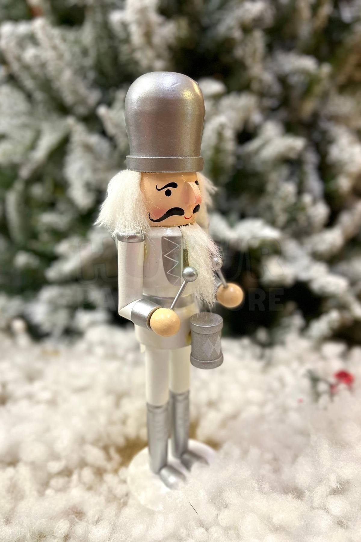 30 Cm Davullu Fındıkkıran Gümüş Gri Beyaz Renkli Kurşun Asker Nutcracker Yılbaşı Yeni Yıl Dekoru