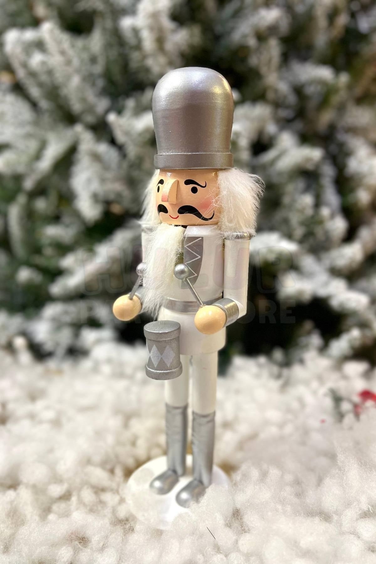 30 Cm Davullu Fındıkkıran Gümüş Gri Beyaz Renkli Kurşun Asker Nutcracker Yılbaşı Yeni Yıl Dekoru