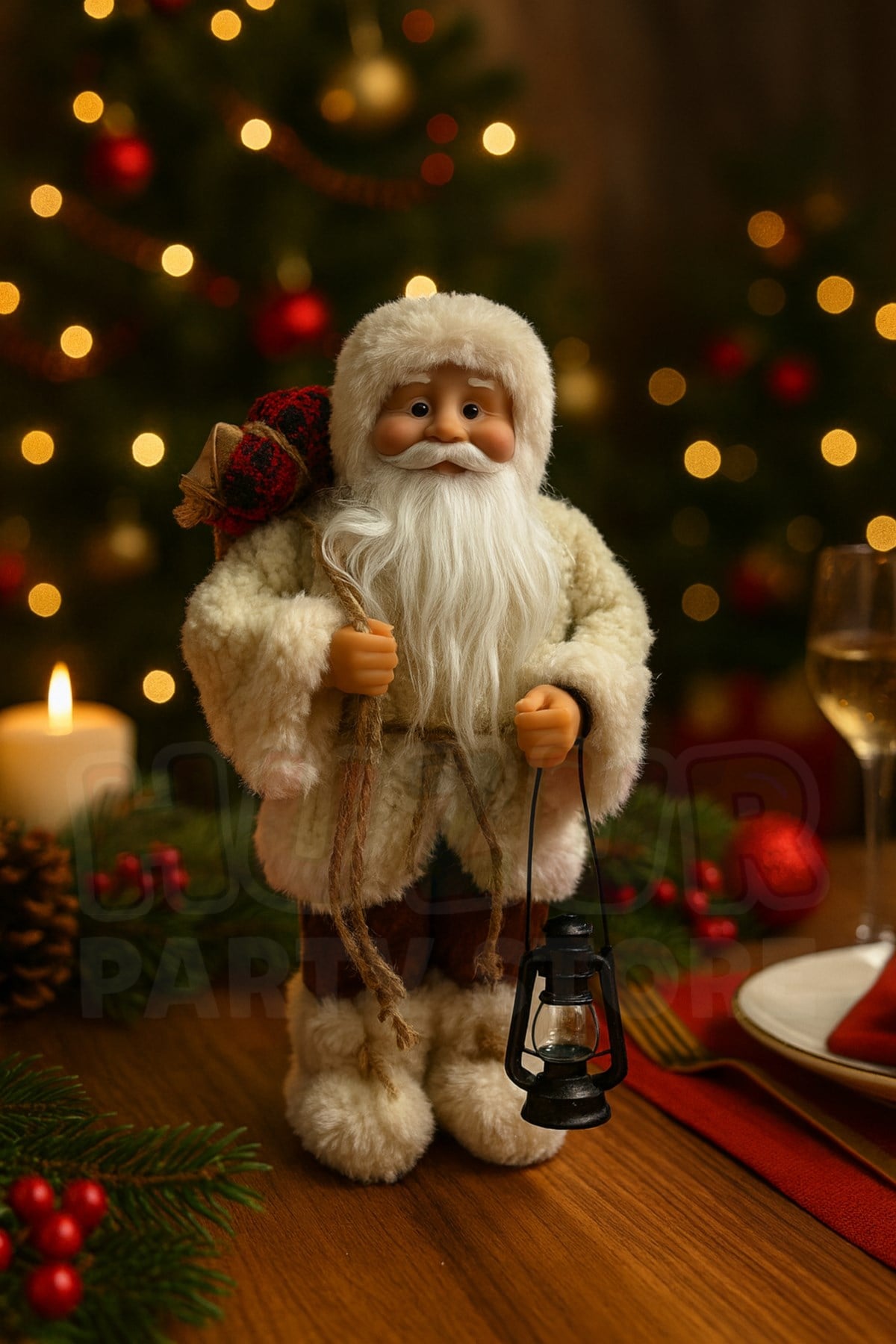 30 cm Kahverengi Noel Baba Figürü Fener ve Hediye Çuvalı Detay Yılbaşı Ağaç Dekoratif Masaüstü Süs