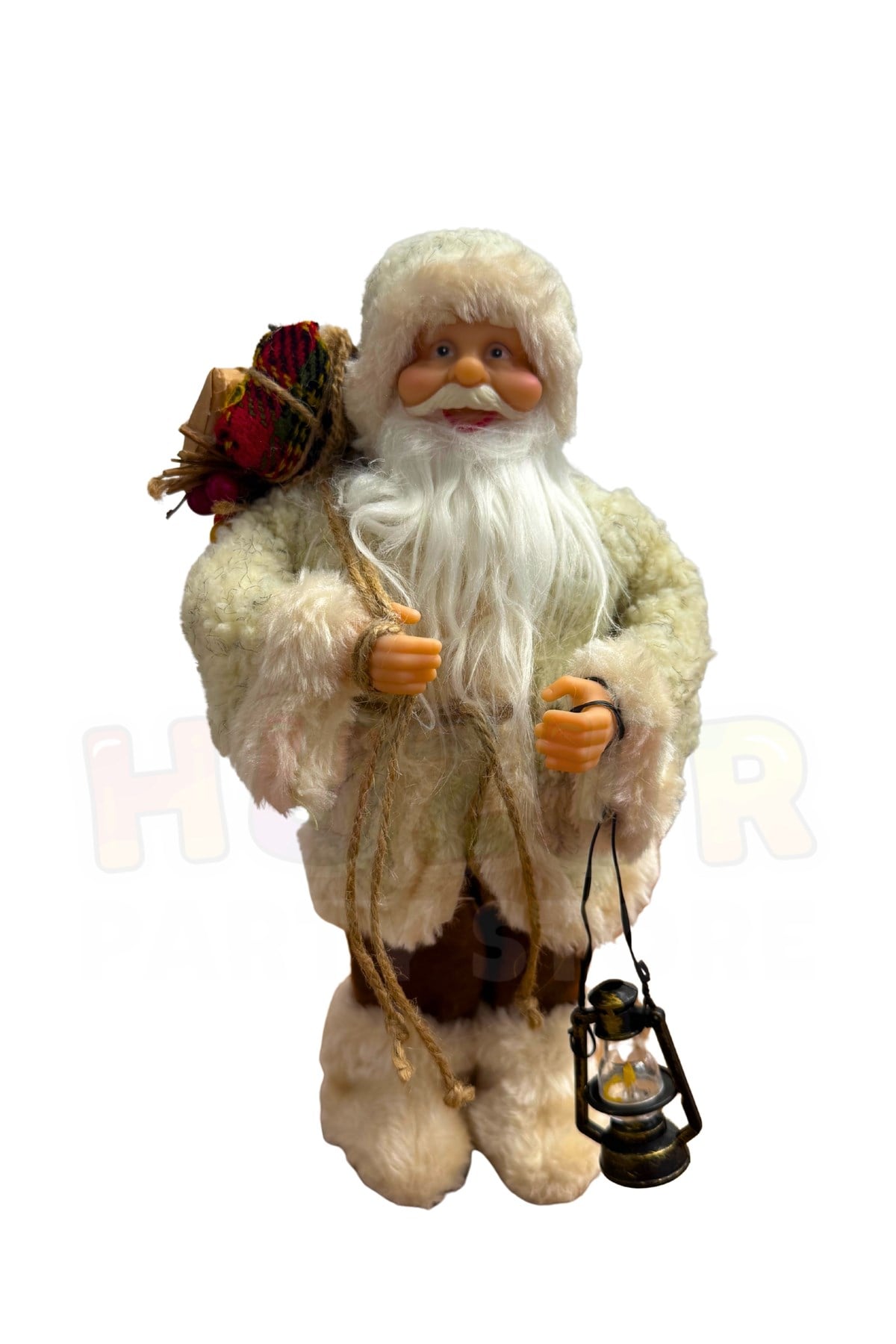 30 cm Kahverengi Noel Baba Figürü Fener ve Hediye Çuvalı Detay Yılbaşı Ağaç Dekoratif Masaüstü Süs