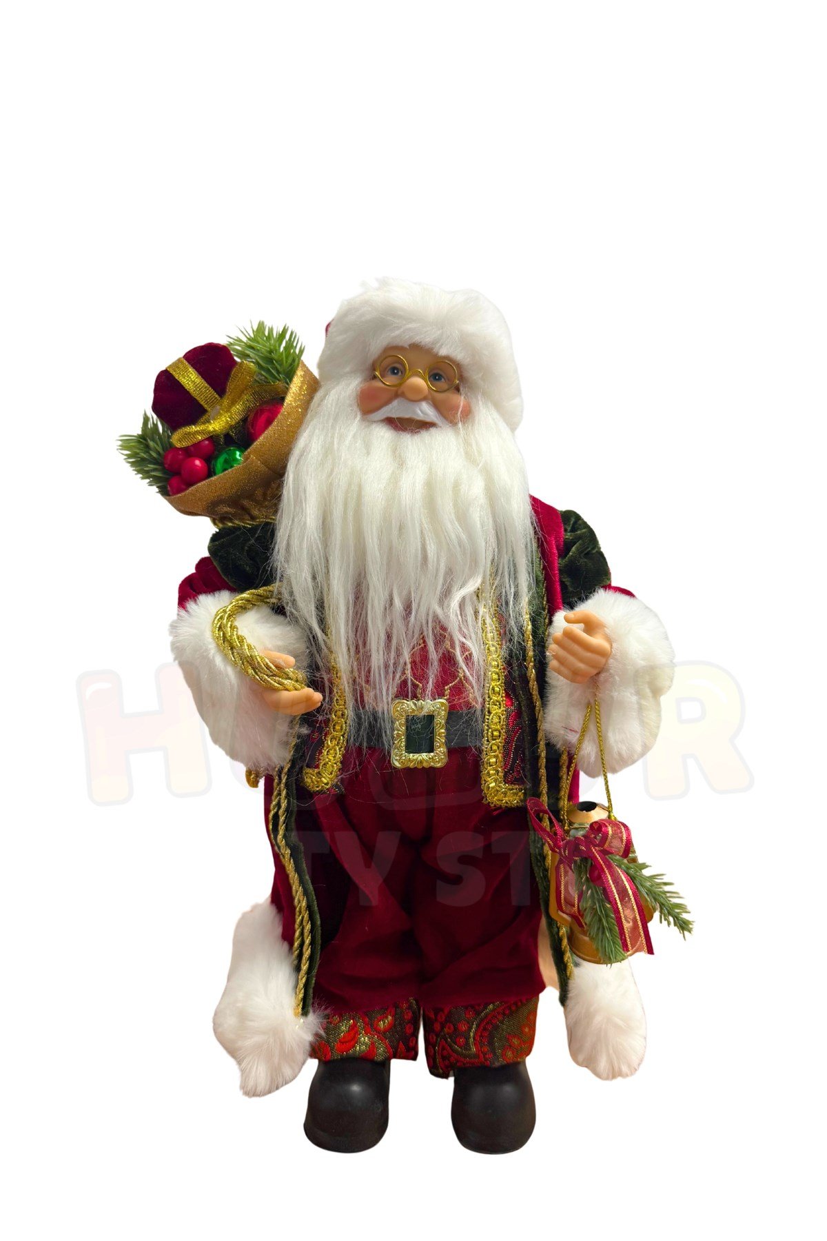 30 cm Kırmızı Noel Baba Figürü Hediye Çuvalı ve Fener Detaylı Yılbaşı Ağacı Dekoratif Masaüstü Süs