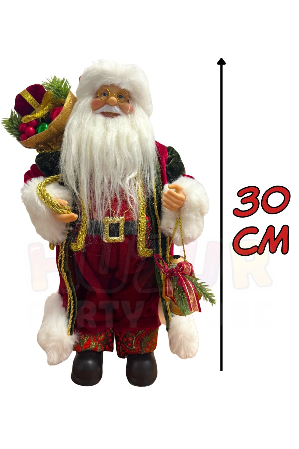 30 cm Kırmızı Noel Baba Figürü Hediye Çuvalı ve Fener Detaylı Yılbaşı Ağacı Dekoratif Masaüstü Süs