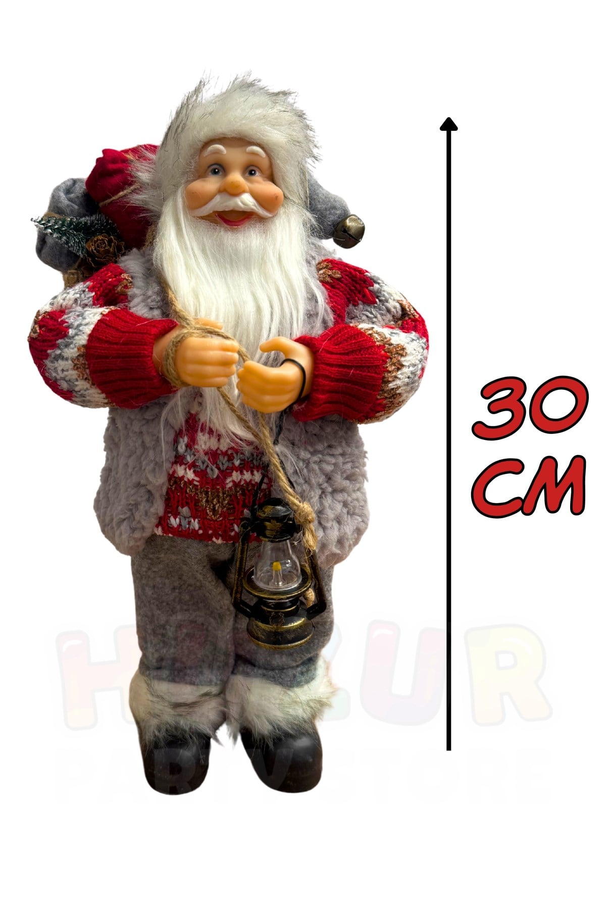 30 cm Kış Temalı Noel Baba Figürü Fener ve Hediye Çuvalı Detaylı Yılbaşı Ağaç Dekoratif Masaüstü Süs