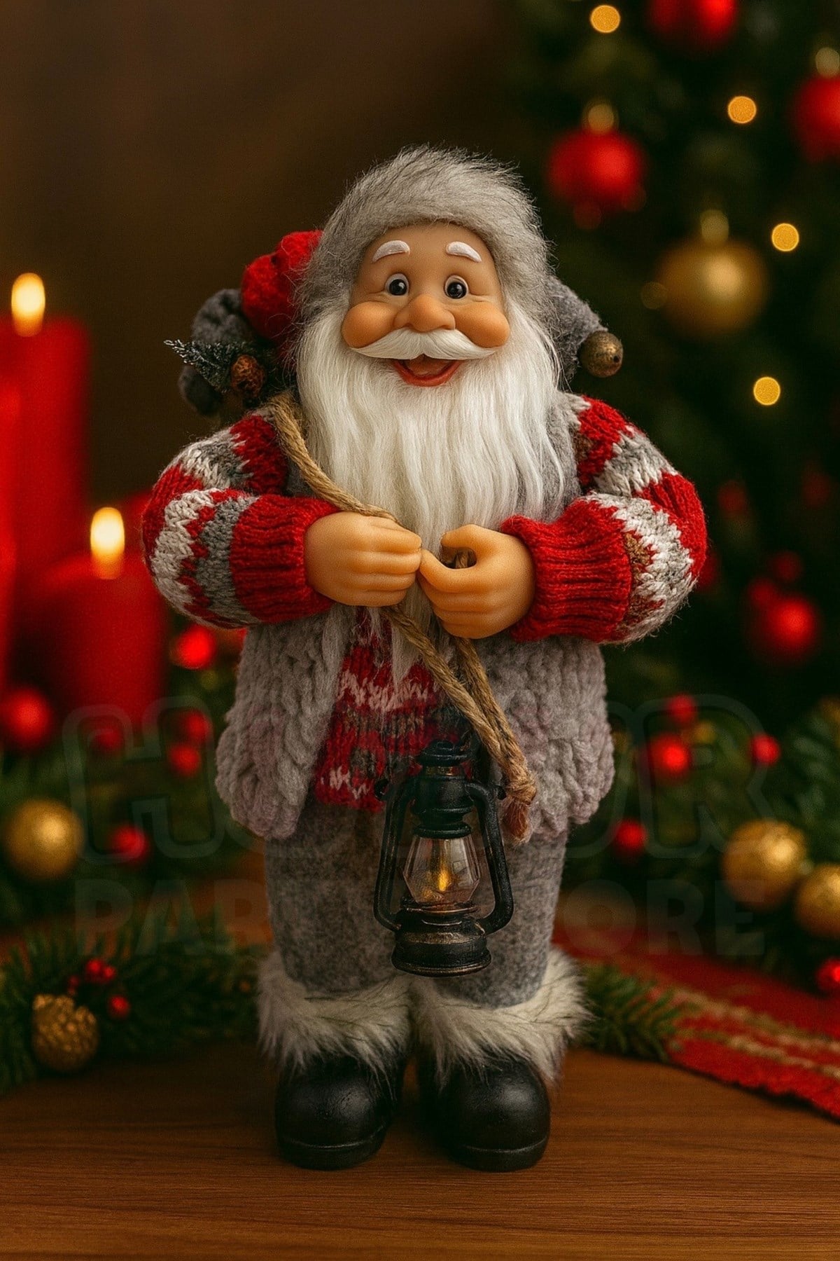 30 cm Kış Temalı Noel Baba Figürü Fener ve Hediye Çuvalı Detaylı Yılbaşı Ağaç Dekoratif Masaüstü Süs