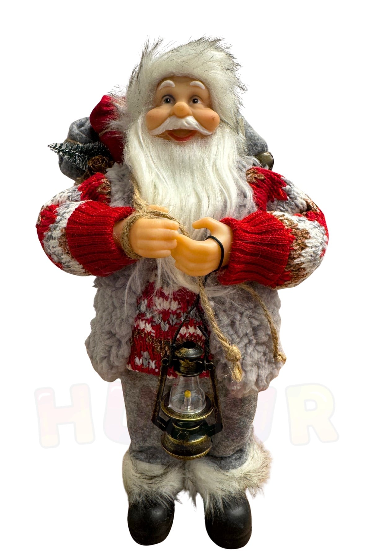 30 cm Kış Temalı Noel Baba Figürü Fener ve Hediye Çuvalı Detaylı Yılbaşı Ağaç Dekoratif Masaüstü Süs