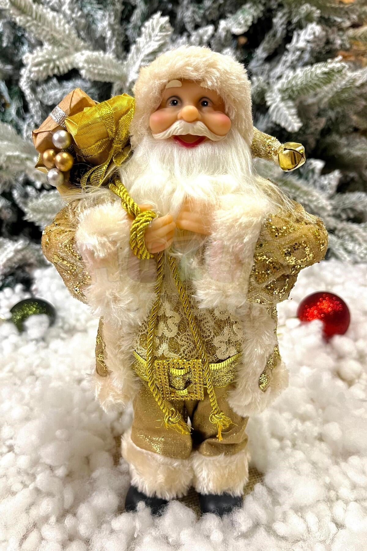 30 Cm Noel Baba Gold Renk Dekoratif Kürklü Ayakta Durabilen Hediye Torbalı Yeni Yıl Yılbaşı Süs