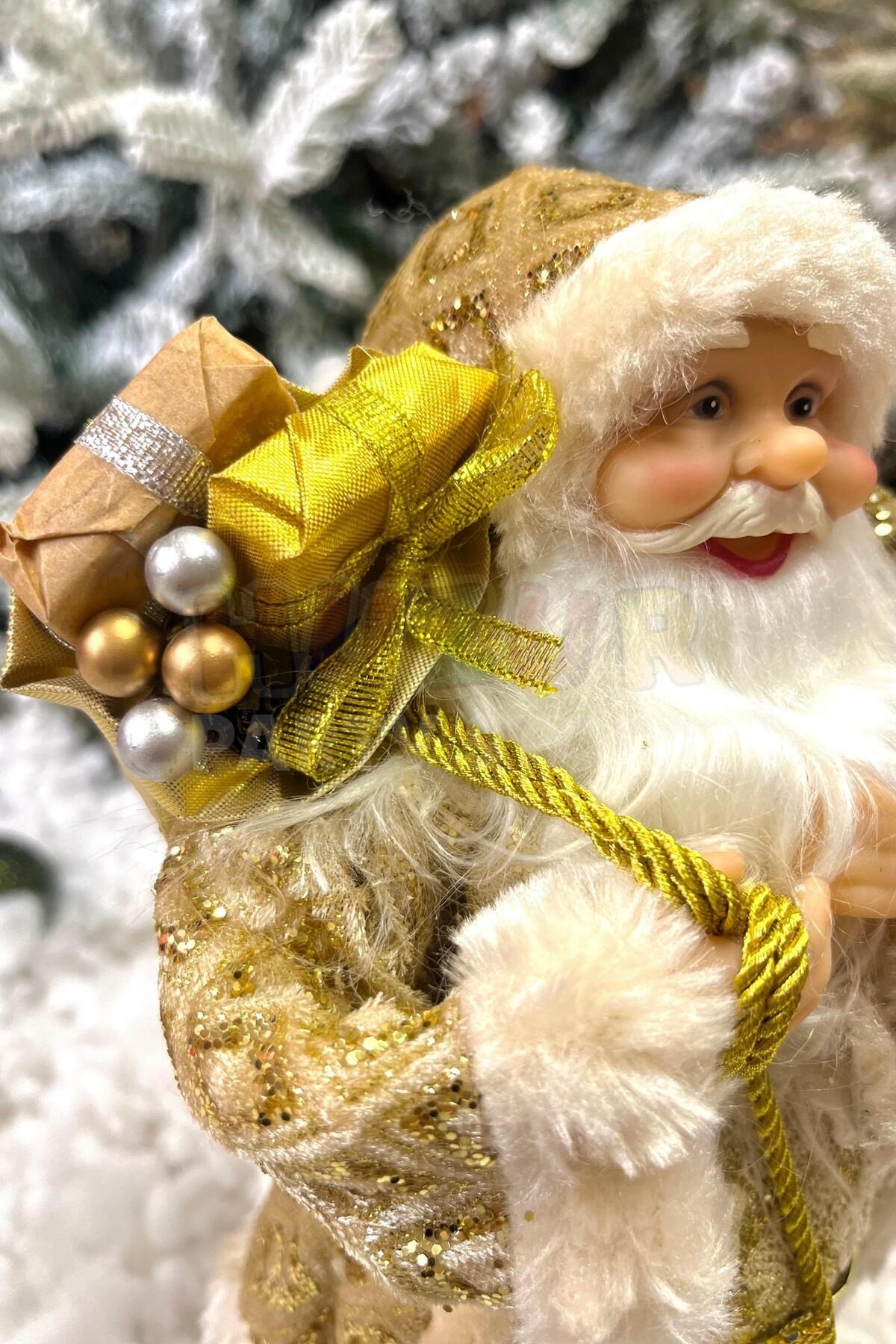 30 Cm Noel Baba Gold Renk Dekoratif Kürklü Ayakta Durabilen Hediye Torbalı Yeni Yıl Yılbaşı Süs