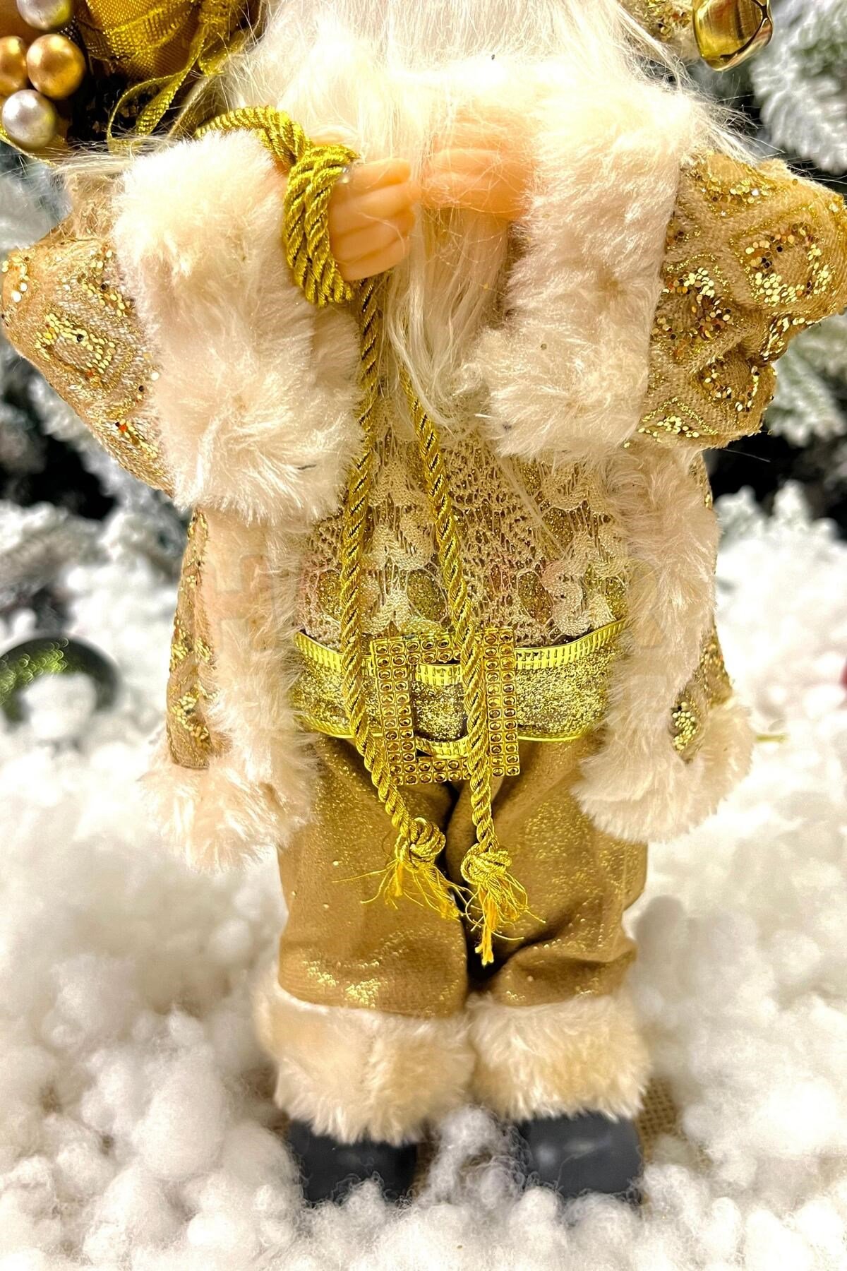 30 Cm Noel Baba Gold Renk Dekoratif Kürklü Ayakta Durabilen Hediye Torbalı Yeni Yıl Yılbaşı Süs