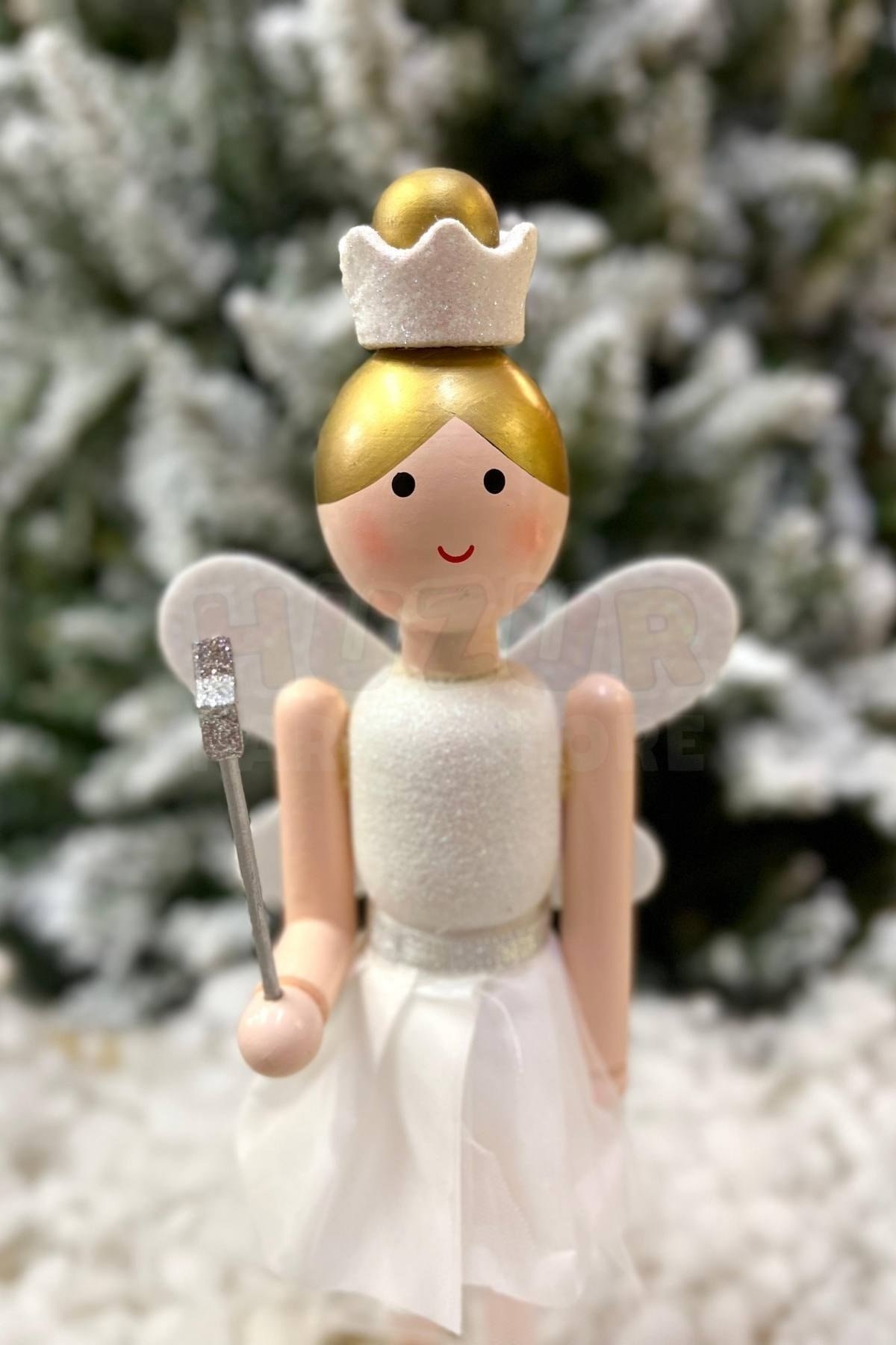 30 Cm Taçlı Melek Fındıkkıran Beyaz Renkli Yıldız Asalı Nutcracker Simli Yılbaşı Yeni Yıl Dekoru