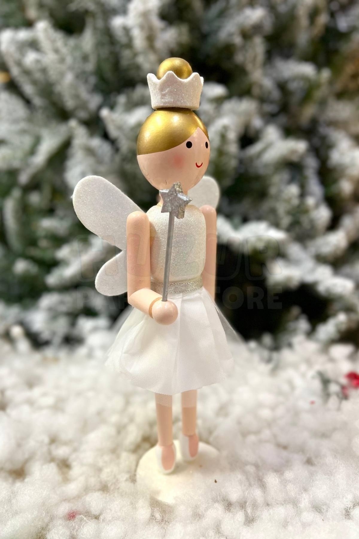 30 Cm Taçlı Melek Fındıkkıran Beyaz Renkli Yıldız Asalı Nutcracker Simli Yılbaşı Yeni Yıl Dekoru
