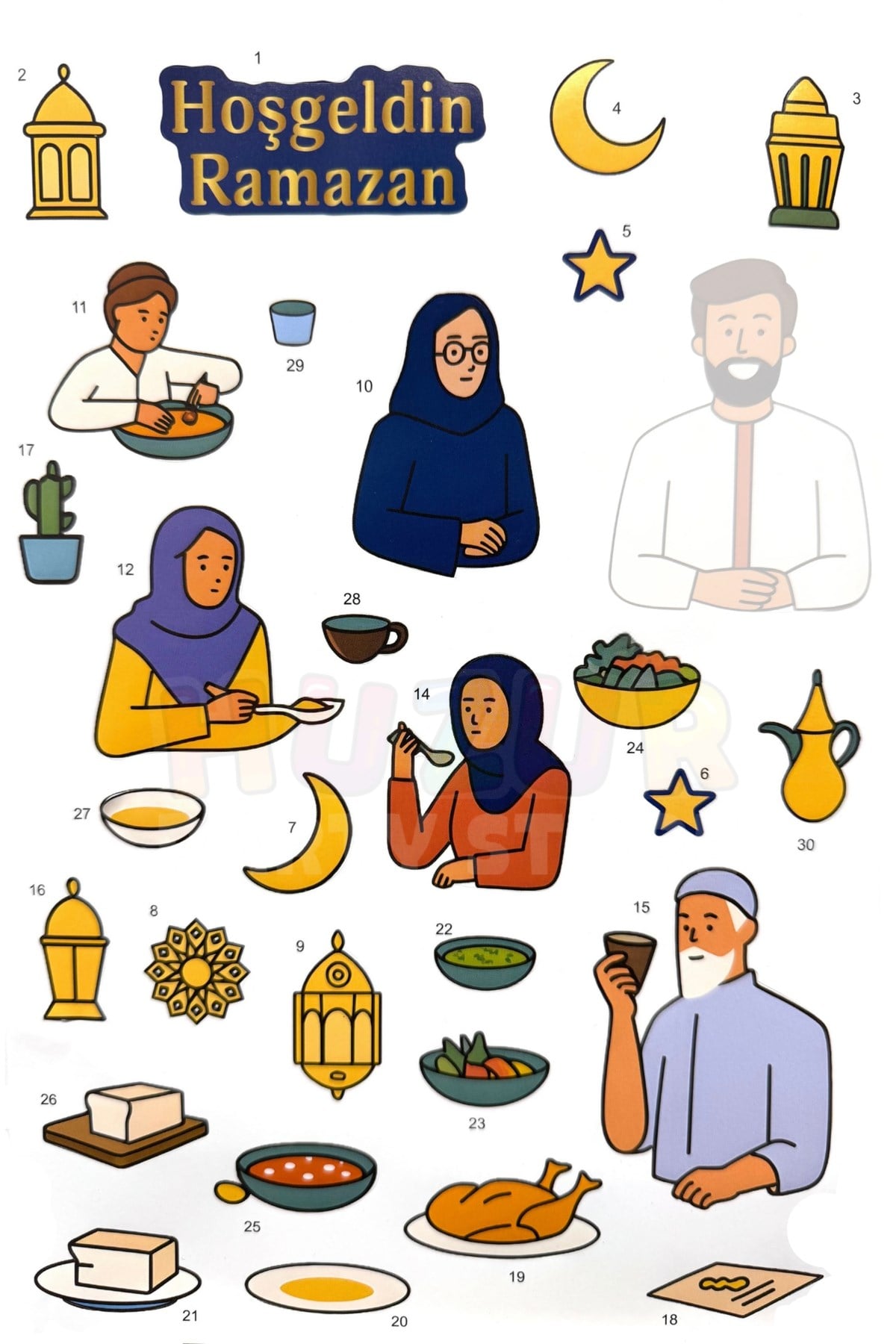 30 Parça Kendin Yap Hoşgeldin Ramazan Sticker Pano Çocuklar İçin Eğitici Çıkartma Süsü Etkinlik Seti