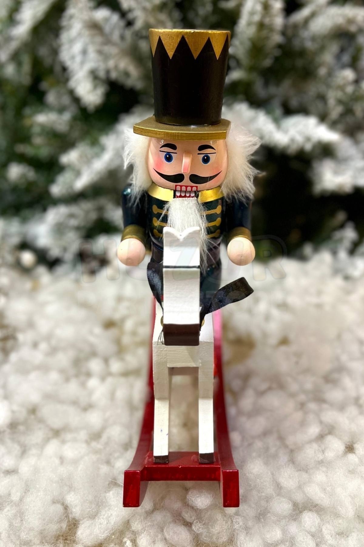 32 cm Atlı Fındıkkıran Gece Mavisi Derin Mavi Ahşap Kurşun Asker Nutcracker Yılbaşı