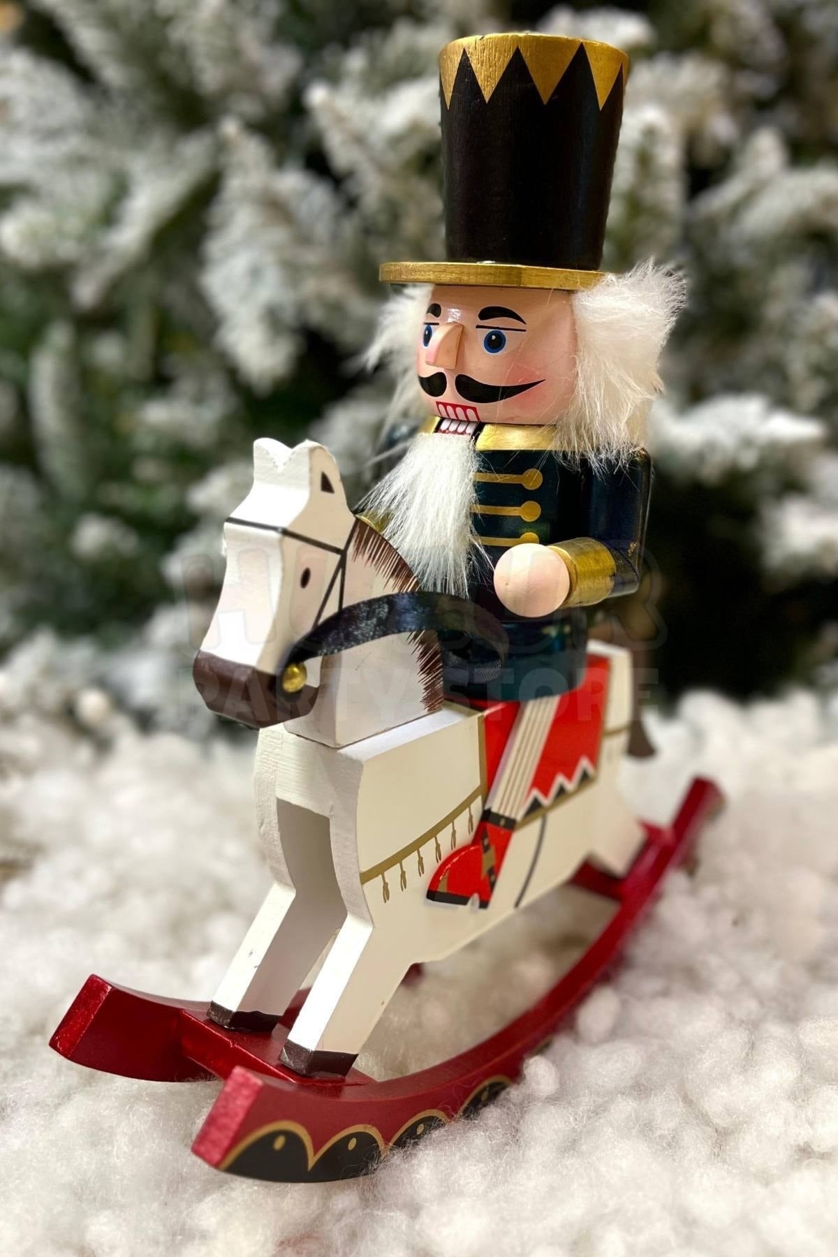 32 cm Atlı Fındıkkıran Gece Mavisi Derin Mavi Ahşap Kurşun Asker Nutcracker Yılbaşı