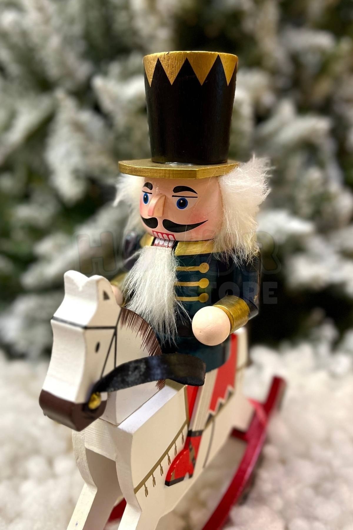 32 cm Atlı Fındıkkıran Gece Mavisi Derin Mavi Ahşap Kurşun Asker Nutcracker Yılbaşı