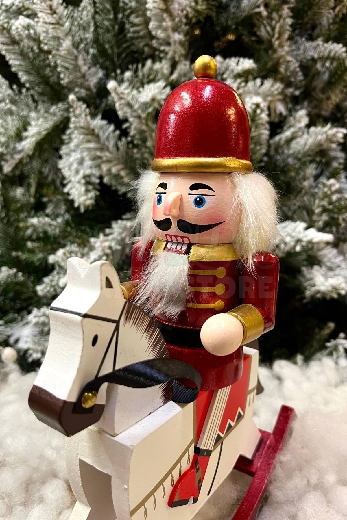 32 Cm Atlı Fındıkkıran Kırmızı Gold Renkli Ahşap Kurşun Asker Nutcracker Yılbaşı Yeni Yıl Dekoru