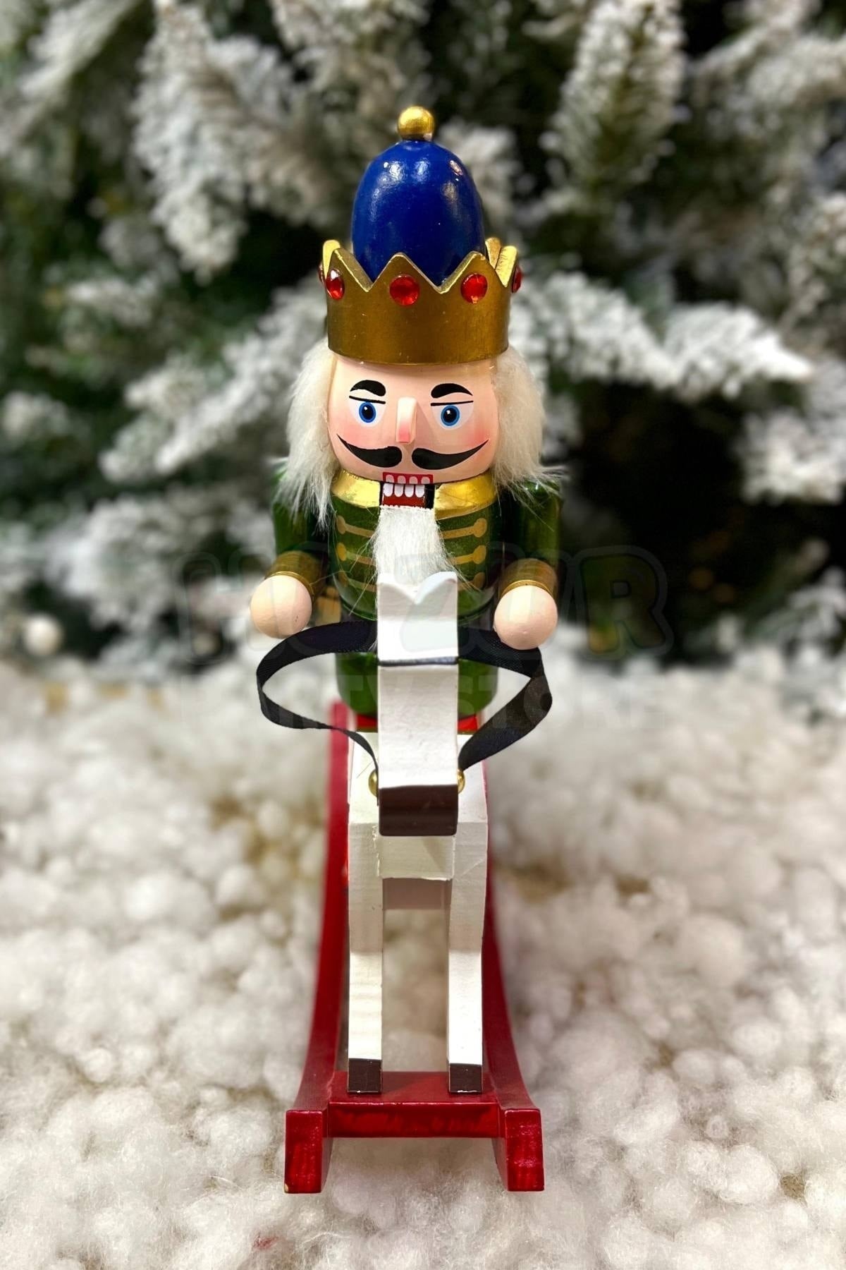 32 Cm Atlı Fındıkkıran Yeşil Gold Renkli Ahşap Kurşun Asker Nutcracker Yılbaşı Yeni Yıl Dekoru