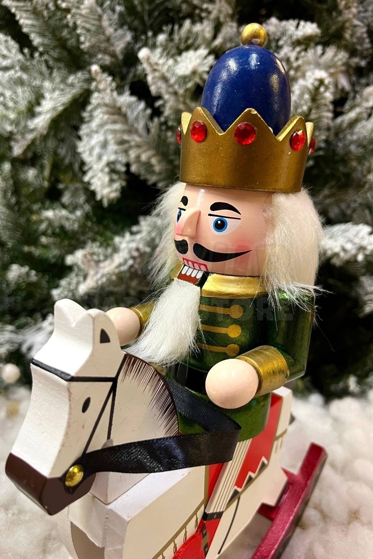 32 Cm Atlı Fındıkkıran Yeşil Gold Renkli Ahşap Kurşun Asker Nutcracker Yılbaşı Yeni Yıl Dekoru