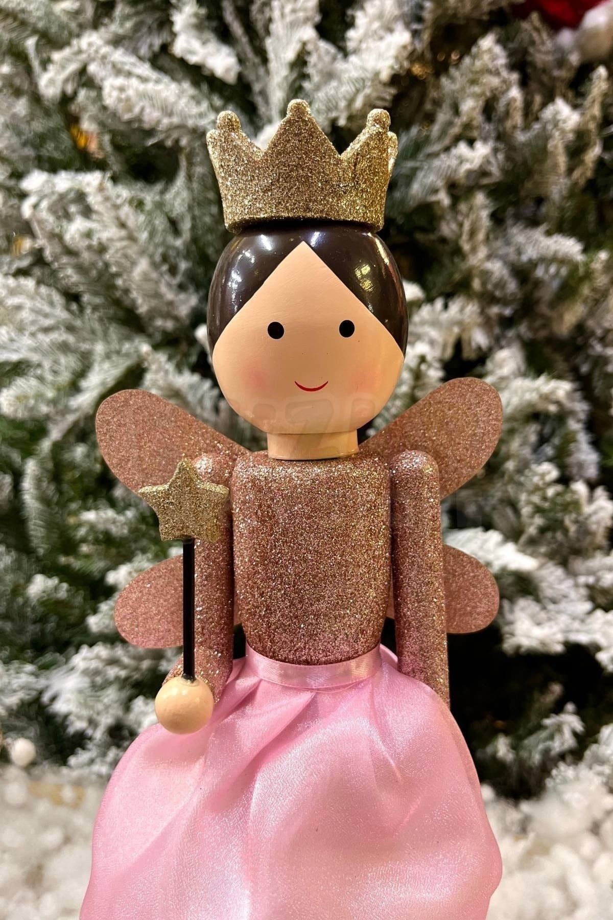 36 Cm Melek Fındıkkıran Pembe Rose Gold Renkli Yıldız Asalı Nutcracker Simli Yılbaşı Yeni Yıl Dekoru