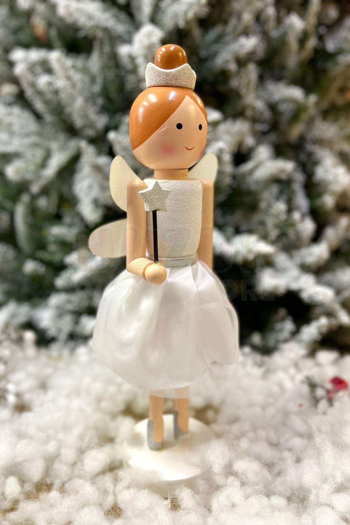 36 Cm Taçlı Melek Fındıkkıran Beyaz Renkli Yıldız Asalı Nutcracker Simli Yılbaşı Yeni Yıl Dekoru