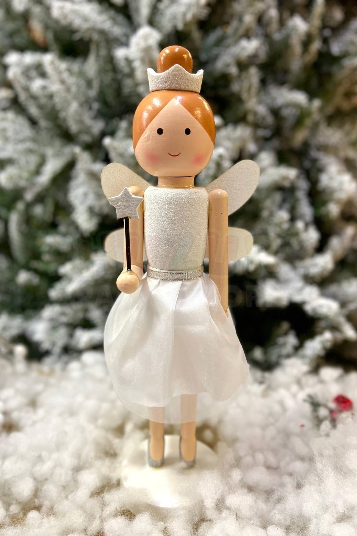 36 Cm Taçlı Melek Fındıkkıran Beyaz Renkli Yıldız Asalı Nutcracker Simli Yılbaşı Yeni Yıl Dekoru