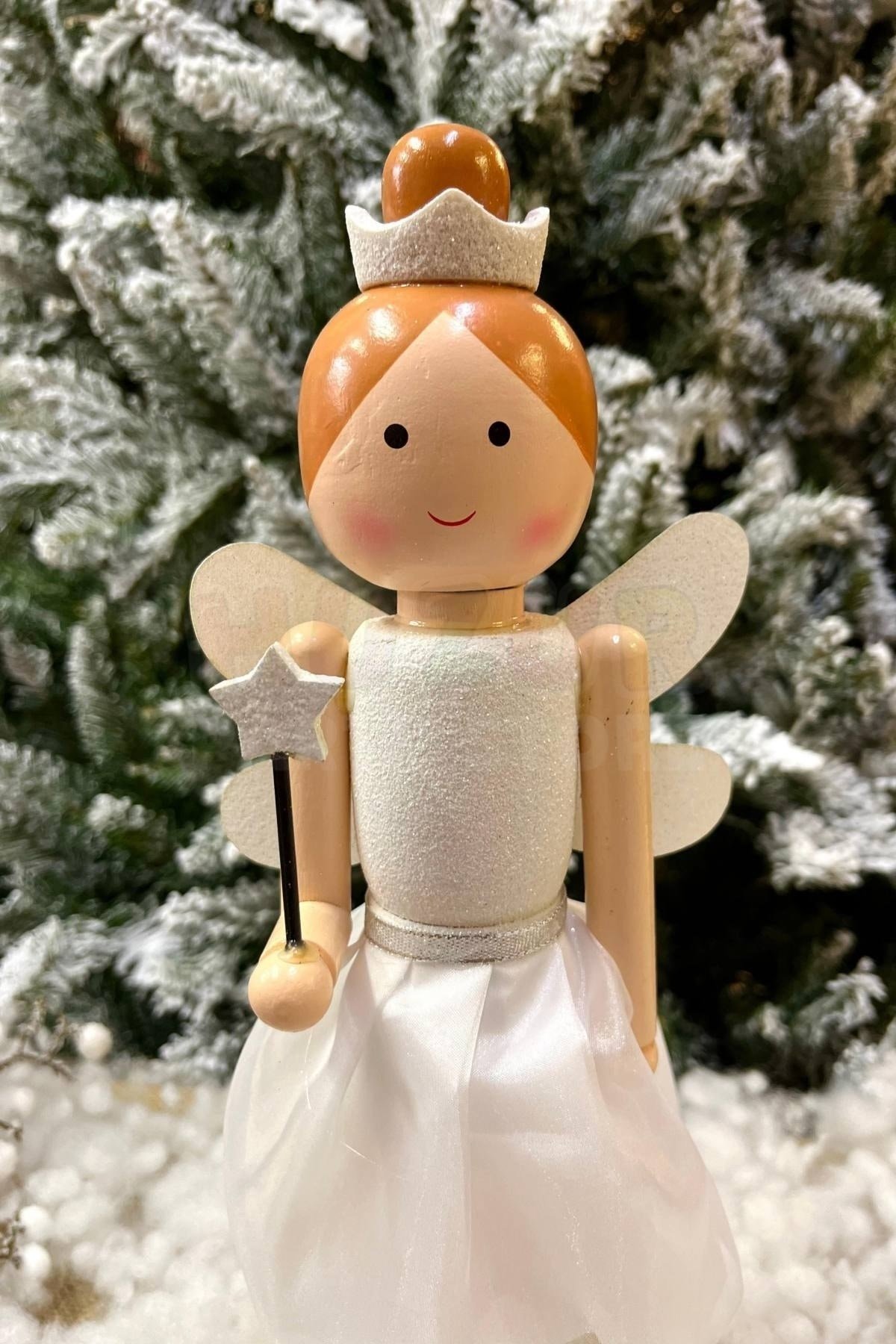 36 Cm Taçlı Melek Fındıkkıran Beyaz Renkli Yıldız Asalı Nutcracker Simli Yılbaşı Yeni Yıl Dekoru