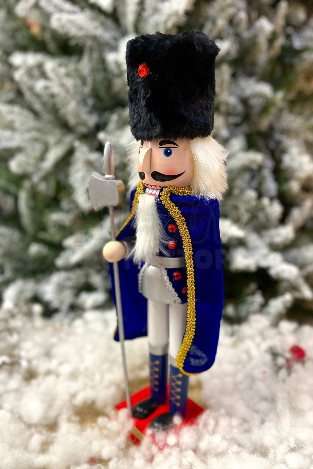 40 Cm Baltalı Fındıkkıran Lacivert Pelerinli Kurşun Asker Nutcracker Yılbaşı Yeni Yıl Dekoru